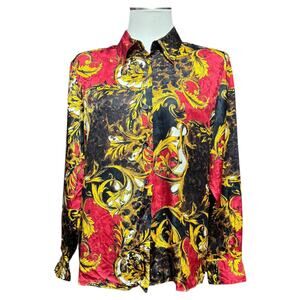 Studio 3000 100% Silk Baroque Royalty Blouse Top Black Red Gold Large